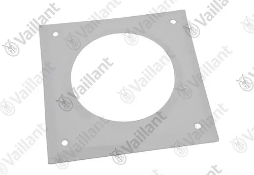 Vaillant-Rosette aus leichtem Material mit rechteckiger Form und rundem Ausschnitt in der Mitte, geeignet für ein Abgassystem. vier Montagelöcher an den Ecken.